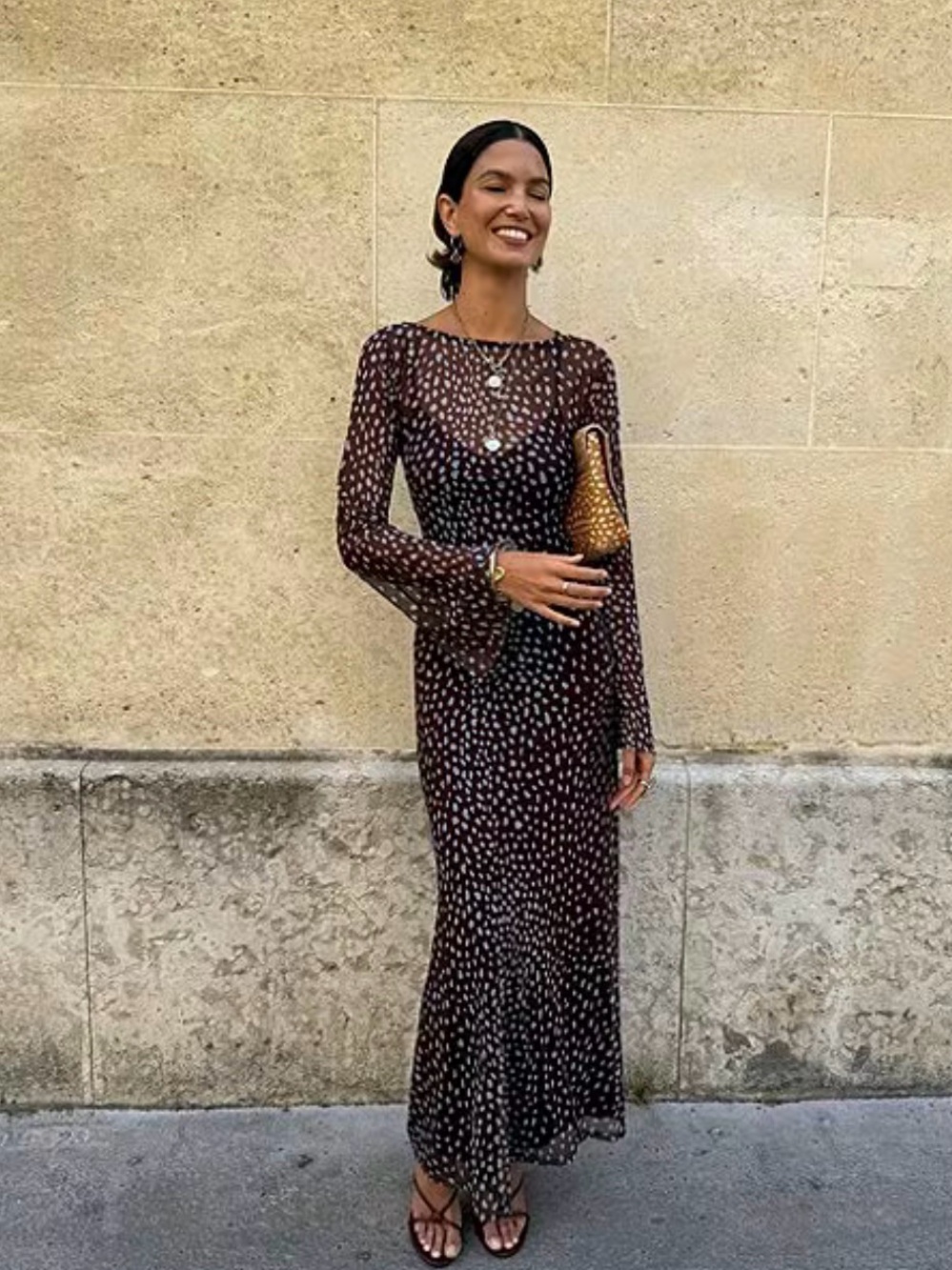 Never Fully Dressed Aria Deer Print Maxi Dress in Brown and Blue XS 0-2